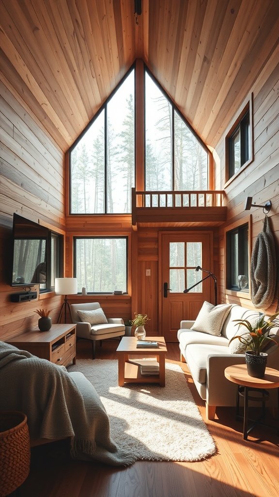 Cozy wooden cabin interior with large windows and comfortable furniture.