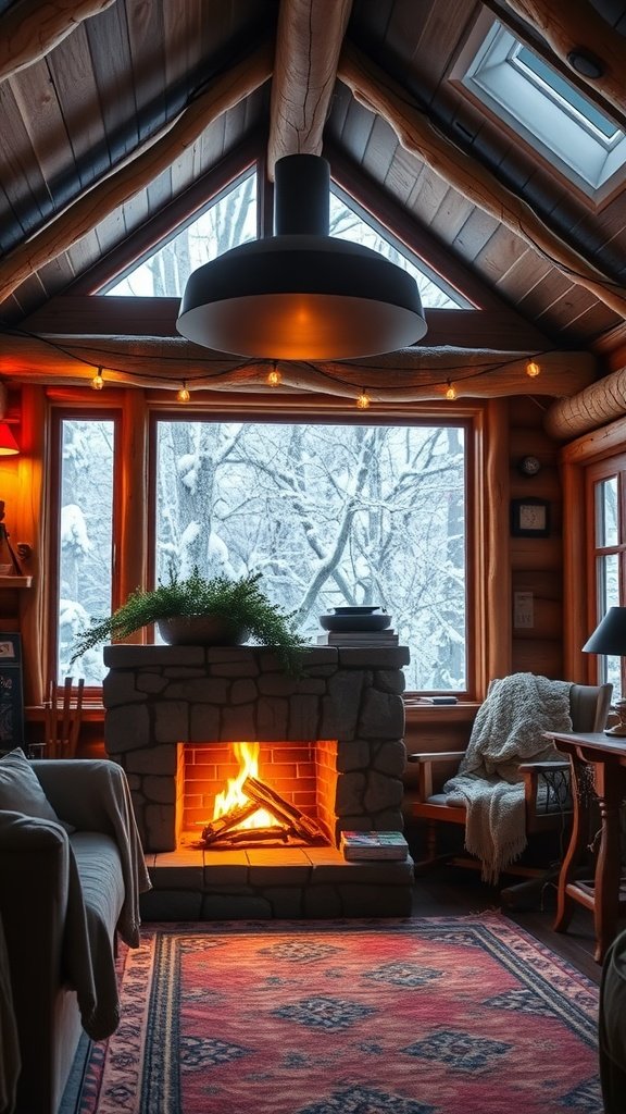 A cozy cabin interior with a stone fireplace, large windows showing a snowy scene, and warm furnishings.