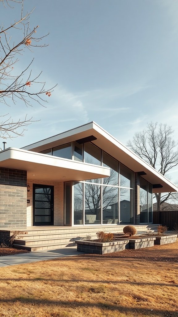 A mid-century modern house with a flat roof and large glass windows, surrounded by minimalist landscaping.