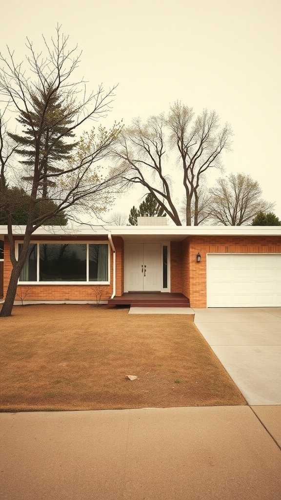 A mid-century modern house with a brick facade, large front windows, and a welcoming entrance.