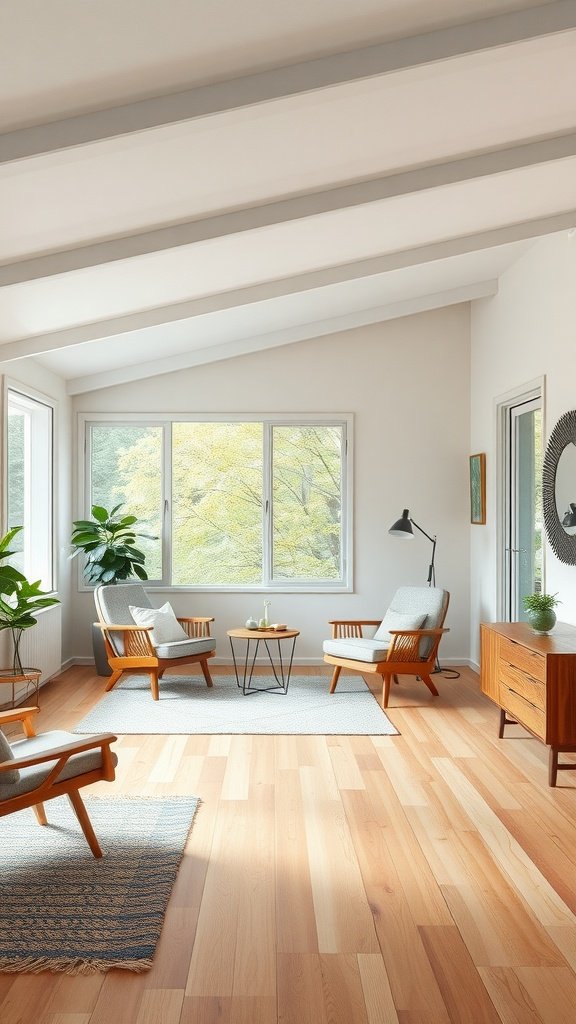 Cozy living room featuring Scandinavian design elements with large windows, wooden furniture, and plants.