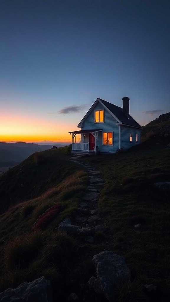 A small blue house on a hill during sunset with glowing windows and a stone pathway.