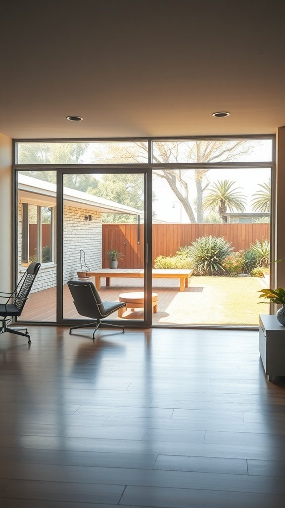 Interior view of a mid-century modern house with sliding glass doors leading to a garden.