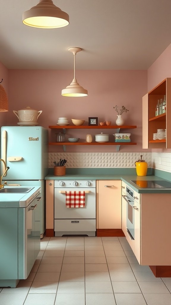 A vintage-inspired kitchen featuring pastel-colored appliances and retro decor.