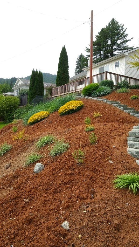 A hillside garden with plants and steps designed for erosion control