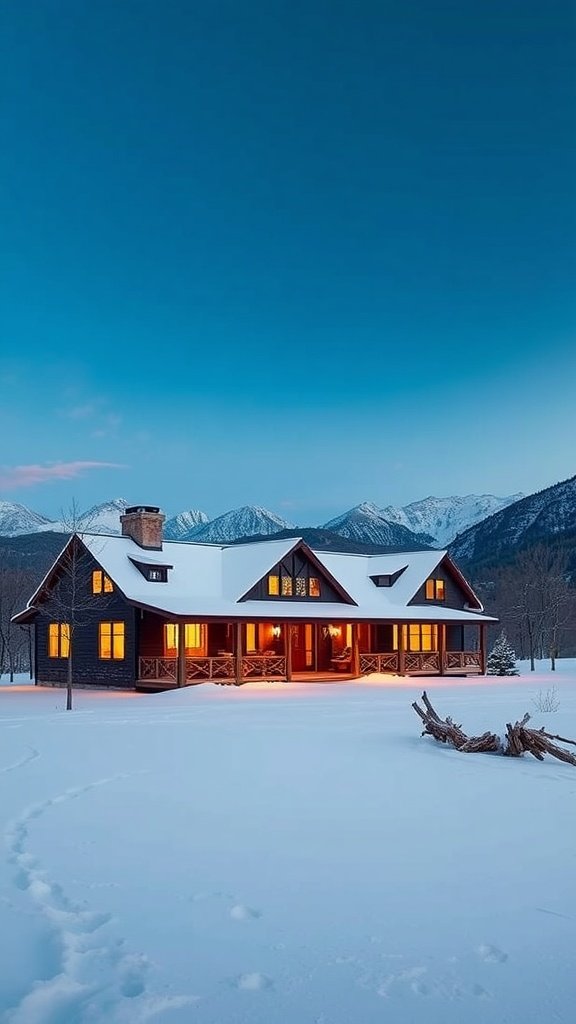 A cozy winter cabin in a snowy landscape with mountains in the background.