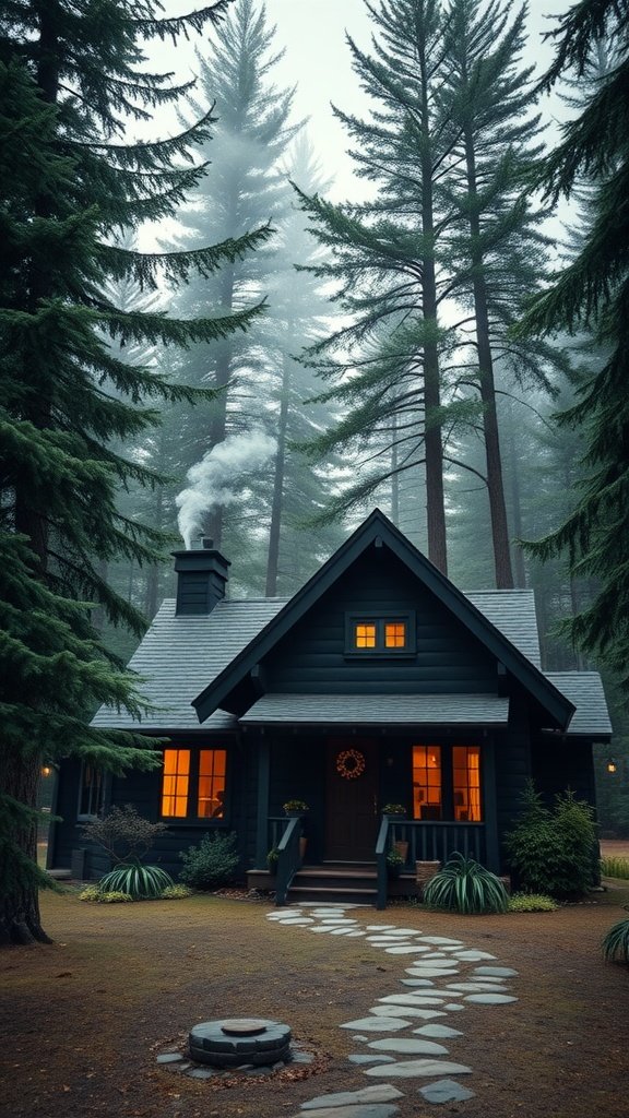 A dark green cottage surrounded by tall pine trees, with smoke rising from the chimney and warm lights glowing from the windows.