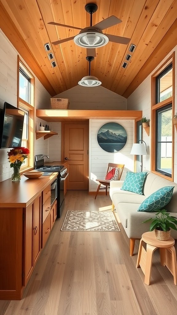 Interior of a mid-century modern tiny house featuring an open layout with kitchen and living space, large windows, and cozy furnishings.