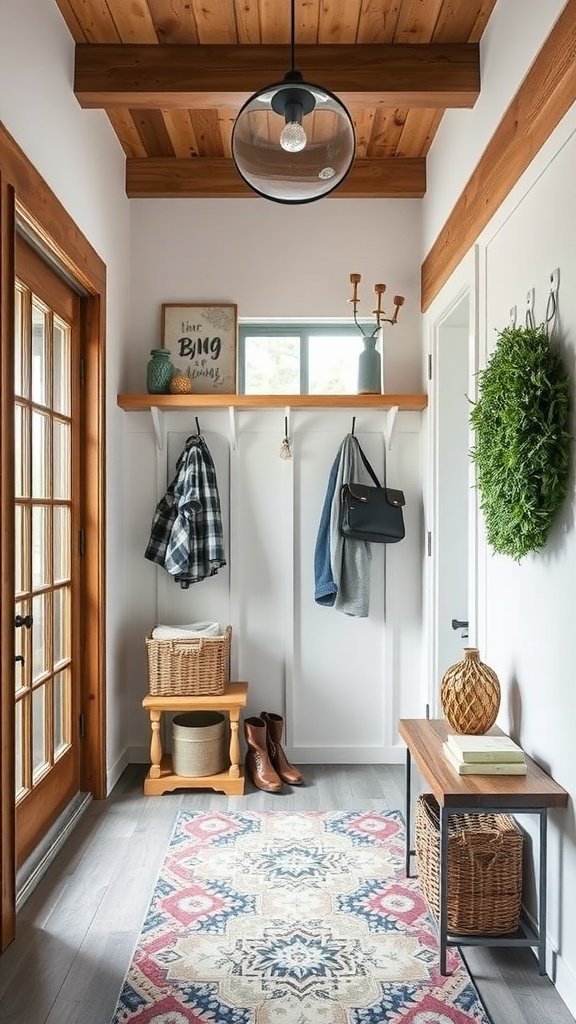 A cozy entryway featuring wooden beams, storage hooks, and a welcoming rug.
