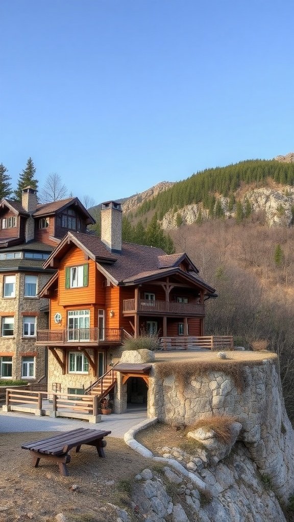 A timber-framed house situated on a steep hillside, showcasing a blend of wood and stone with a stunning mountain backdrop.