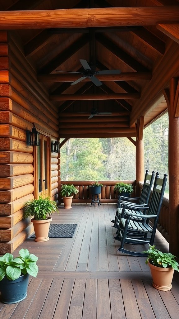 A timber cabin porch with rocking chairs and potted plants