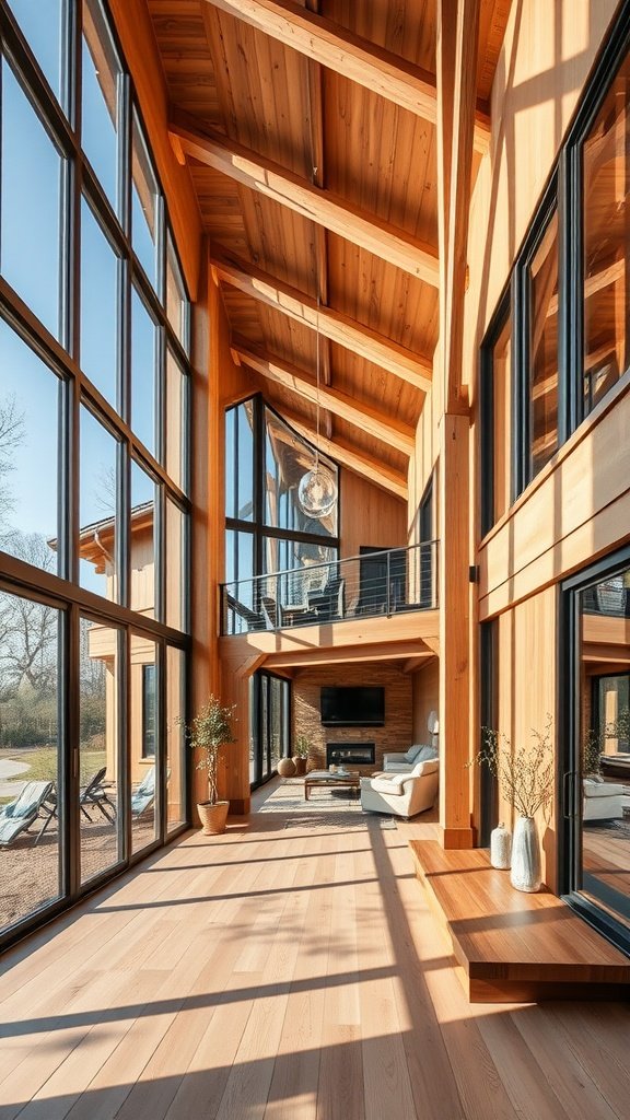 Interior view of a timber frame house featuring large windows and wooden beams.