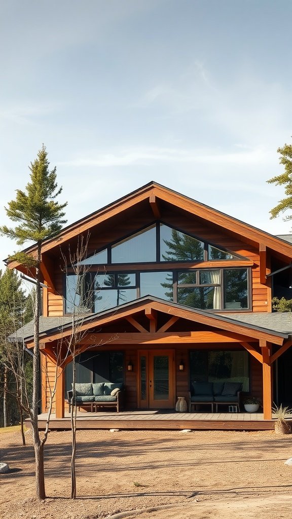 A modern timber-framed cabin with large windows and a spacious porch, surrounded by trees.