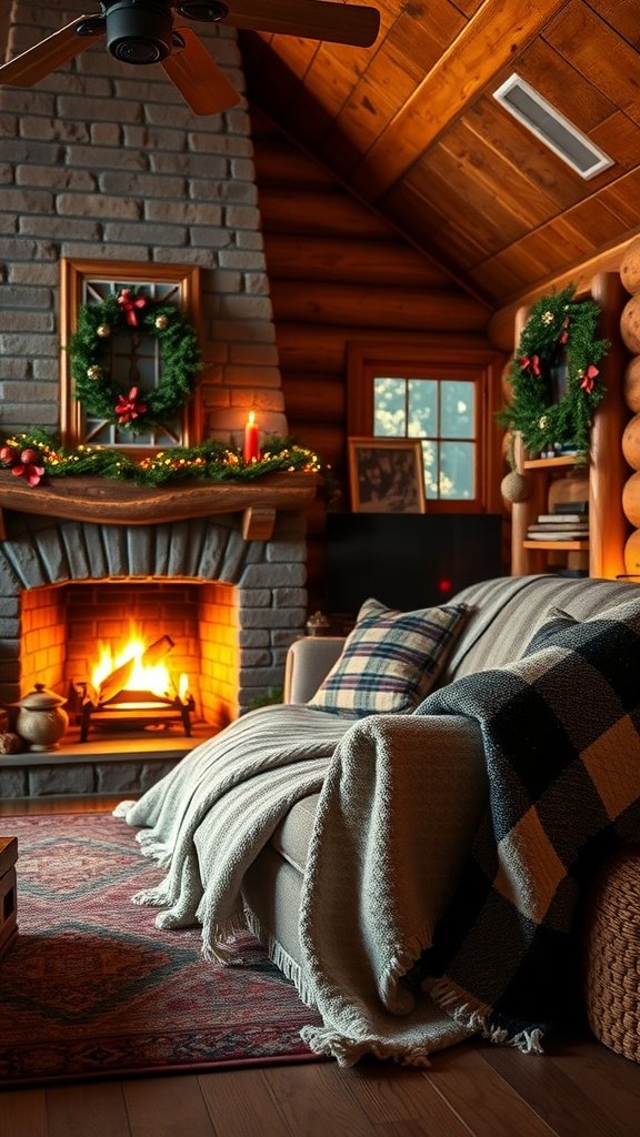 Cozy cabin interior featuring a fireplace, comfortable couch with blankets, and festive decorations