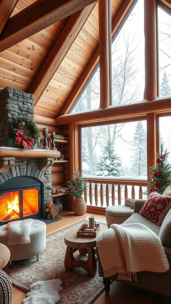 Cozy cabin interior with timber beams, a stone fireplace, and large windows overlooking a snowy landscape.