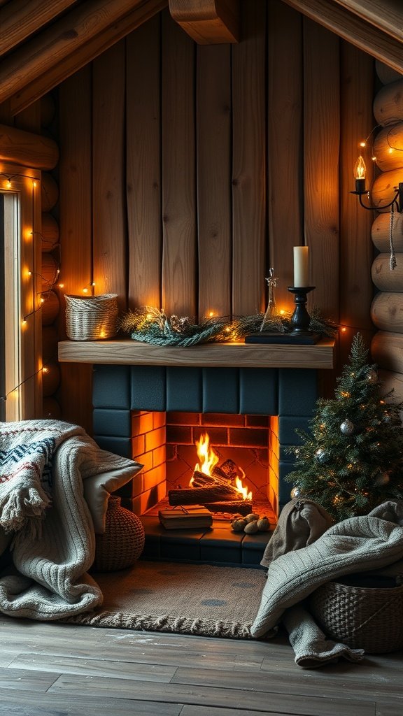 Cozy cabin nook with a fireplace, blankets, and a small Christmas tree.