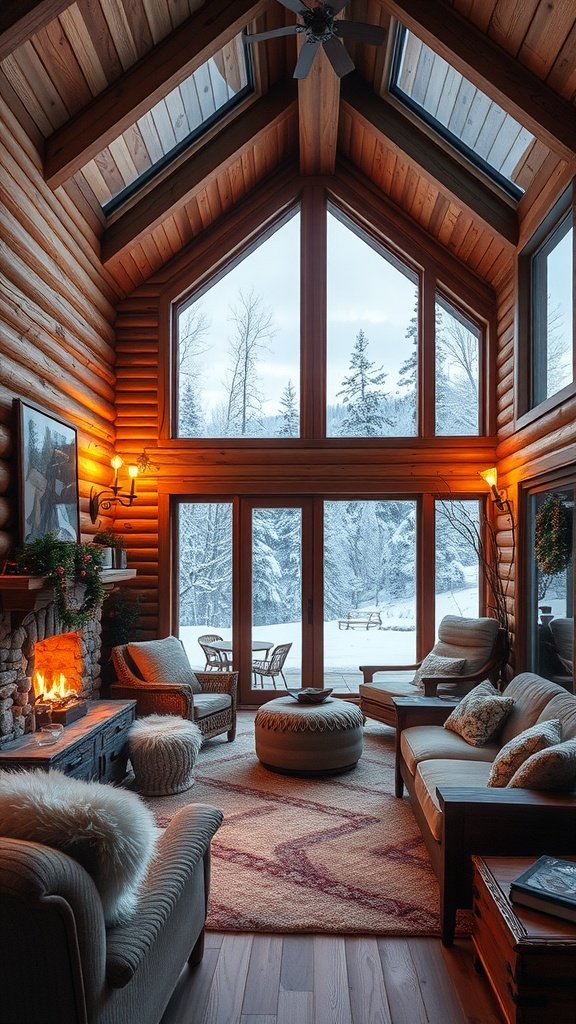 Cozy cabin interior with large windows overlooking a snowy landscape, featuring a fireplace, comfortable seating, and warm lighting.