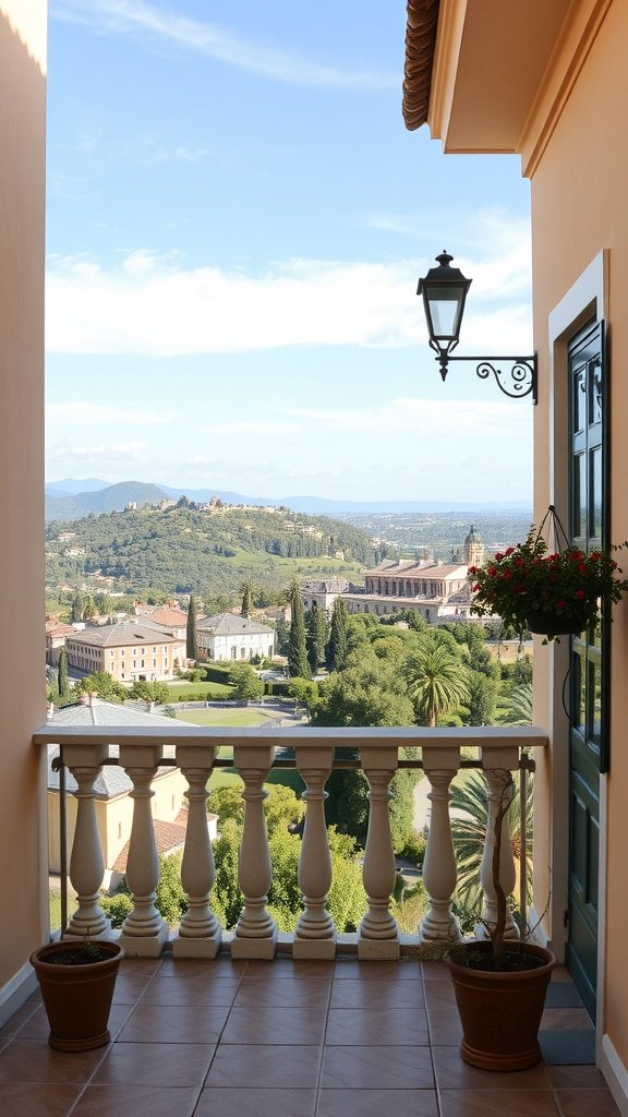 A balcony with a view overlooking green hills and buildings, featuring a decorative railing and potted plants.