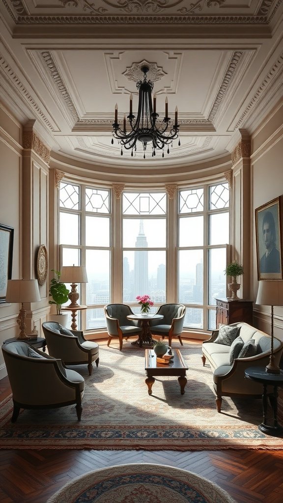 Luxurious penthouse living room featuring elegant moldings and stunning skyline views.