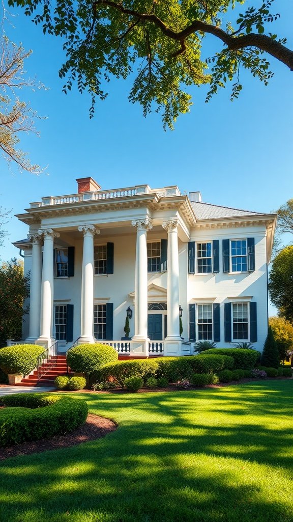 A stunning white colonial home with large columns, dark shutters, and a manicured lawn.