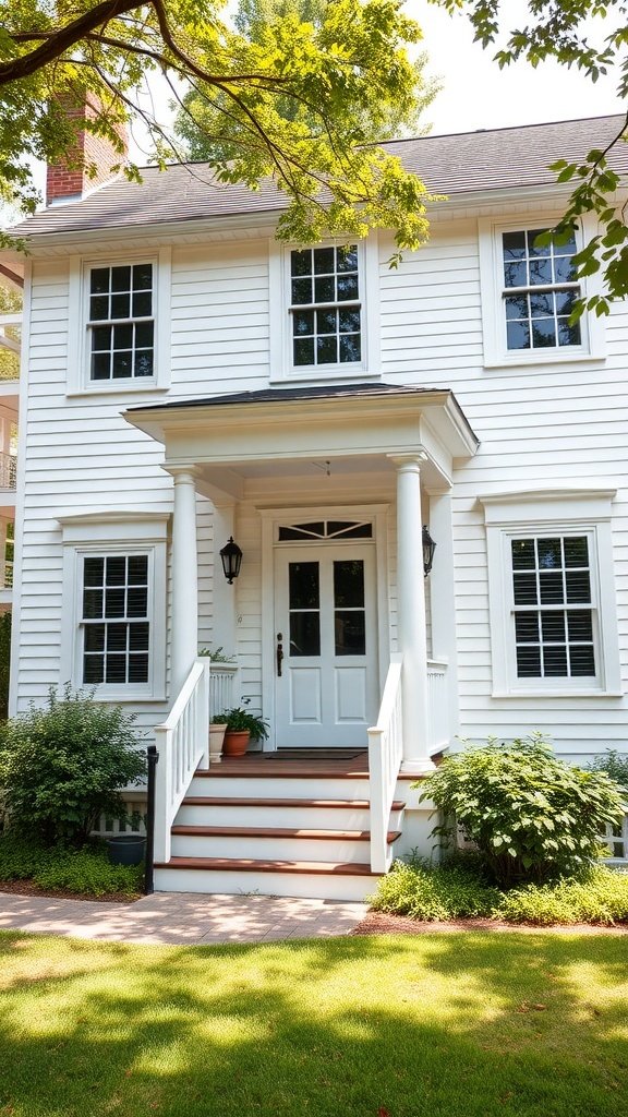 A beautiful white colonial style home with classic architectural features.