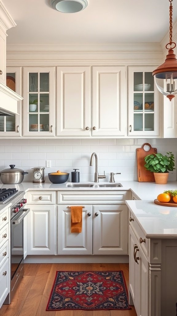 A modern loft kitchen featuring white cabinetry, a mixture of textures, and warm lighting.