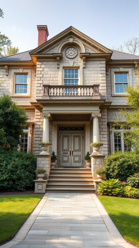 A classical stone facade house with elegant architecture, a welcoming entrance, and lush landscaping.