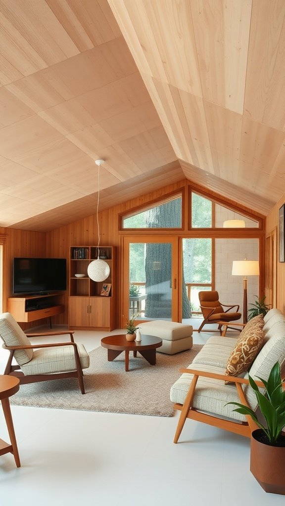 Interior of a mid-century modern cabin showcasing wooden walls and elegant furnishings