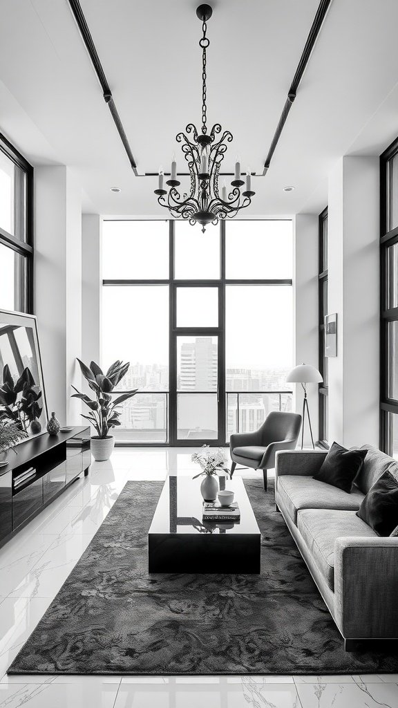 A beautifully designed monochrome penthouse living room featuring large windows, a chandelier, and modern furniture.
