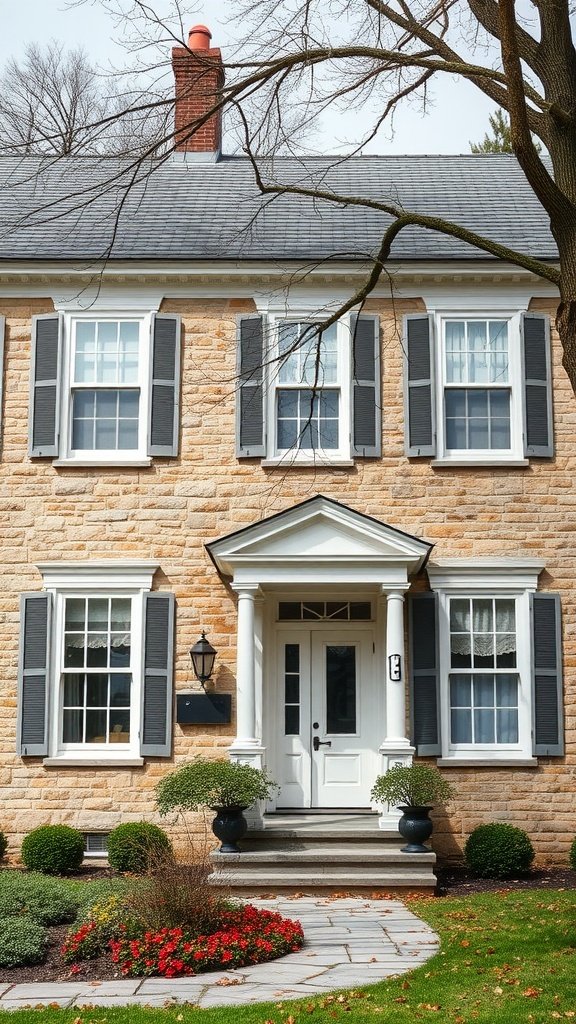 A charming New England Colonial house with a stone exterior, white trim, and colorful garden