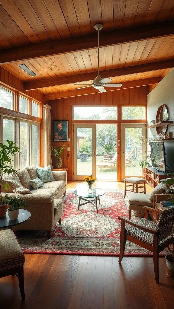 Cozy living area with wooden ceiling and vibrant area rug, showcasing mid-century modern design.