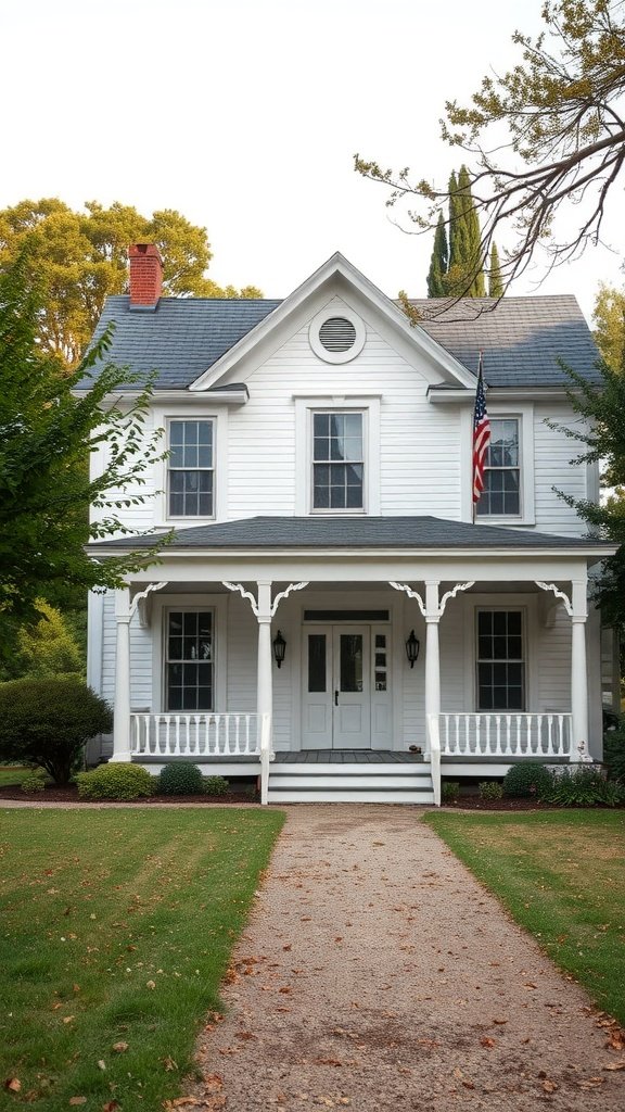 A classic Victorian farmhouse with a white exterior, featuring a porch and a pathway leading to the front door.