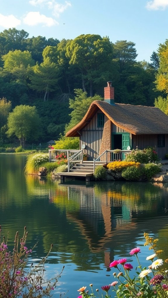 A tiny cottage with a thatched roof by a calm lake, surrounded by greenery and flowers
