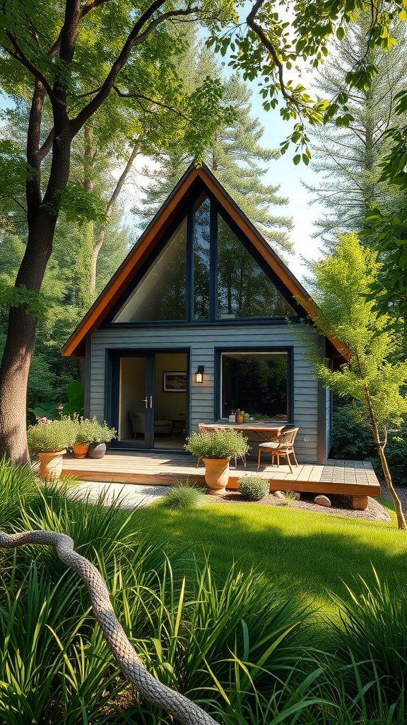 A cozy tiny house surrounded by lush greenery, featuring large windows and a wooden deck.