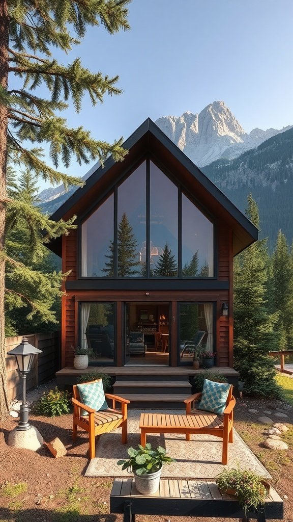 A cozy mountain house with a view, featuring large windows and a welcoming porch.