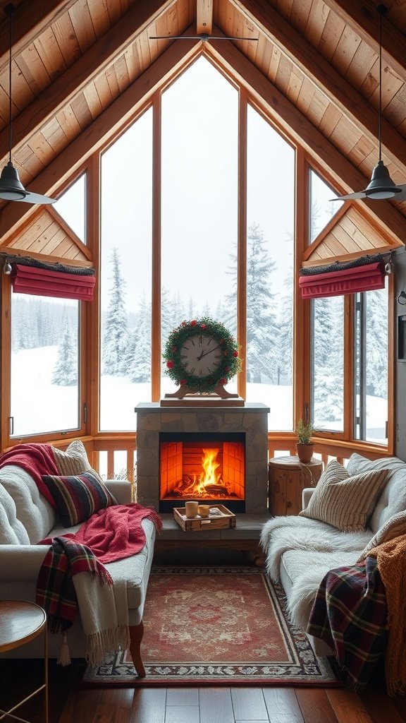Cozy cabin interior with large windows, fireplace, and plush seating