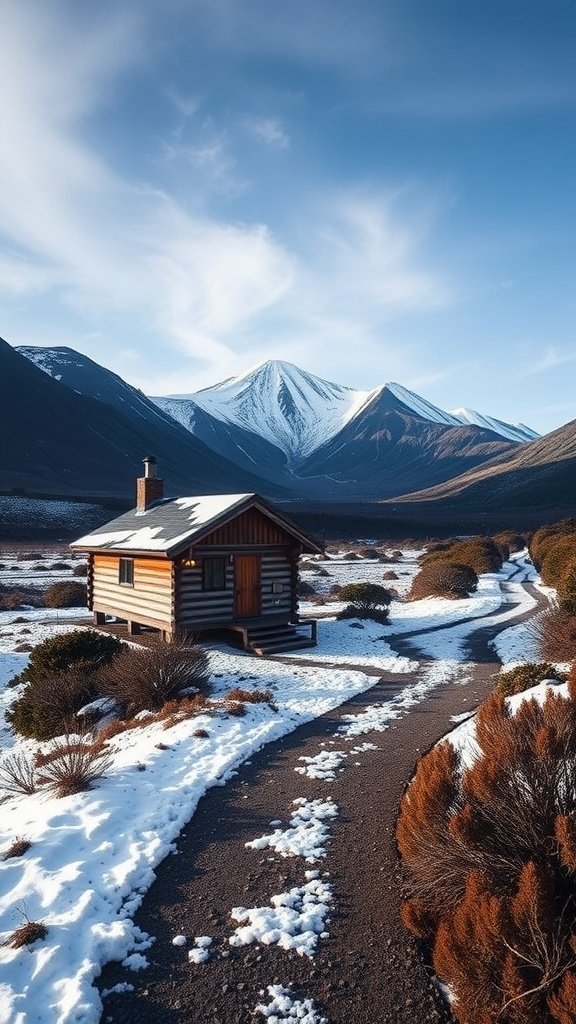 Cozy cabin in Tongariro National Park surrounded by snow and mountains
