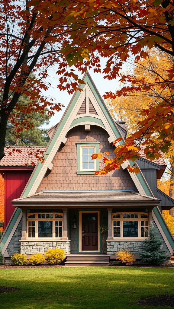 A-frame house with colorful accents surrounded by autumn leaves