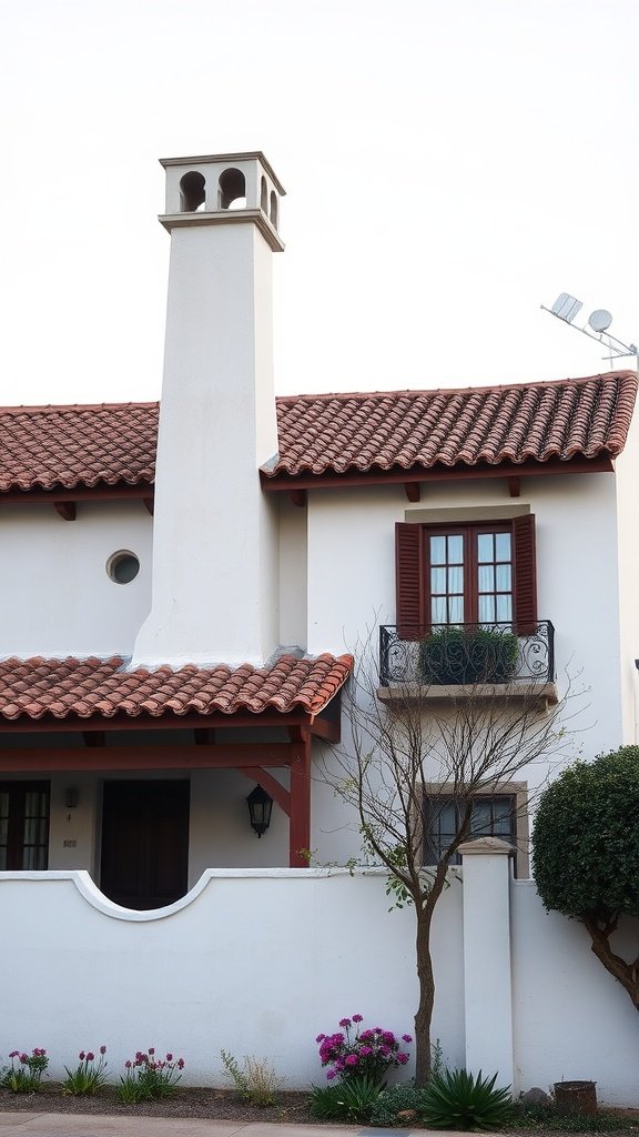 A traditional Spanish house featuring a prominent chimney, terracotta roof tiles, and a white exterior.