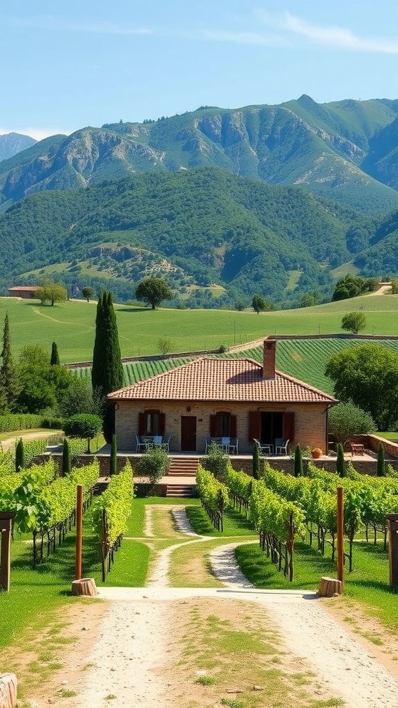 A traditional farmhouse in La Rioja surrounded by vineyards and mountains.