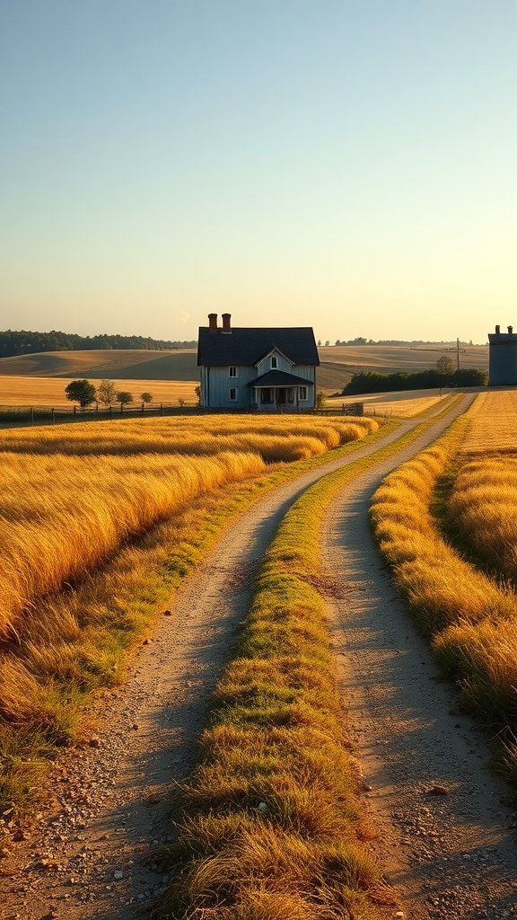 A traditional farmhouse surrounded by golden fields and a winding dirt road