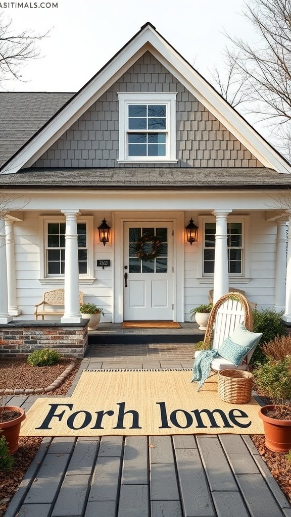 Charming traditional farmhouse with modern upgrades, featuring white siding, gray shingled roof, inviting porch, and decorative landscaping
