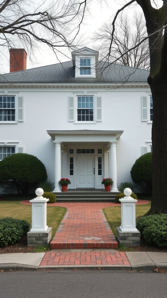 Traditional Federal Style home with white exterior and brick pathway