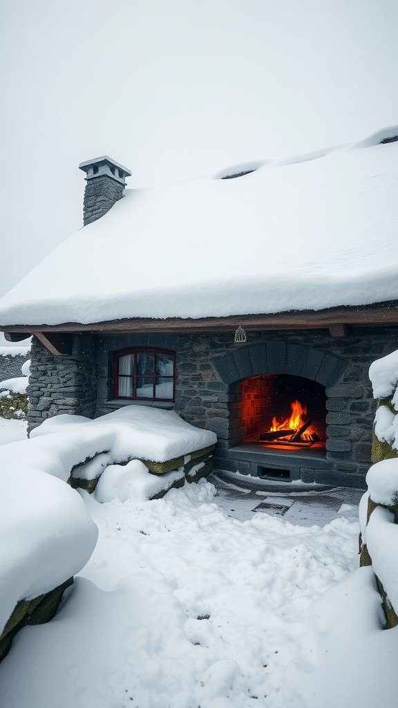A traditional Scottish bothy covered in snow with a warm fireplace visible