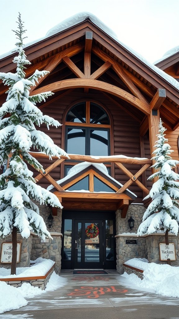 A traditional ski lodge with rustic wooden architecture and stone elements, surrounded by snow-covered trees, featuring a welcoming entrance adorned with a wreath.