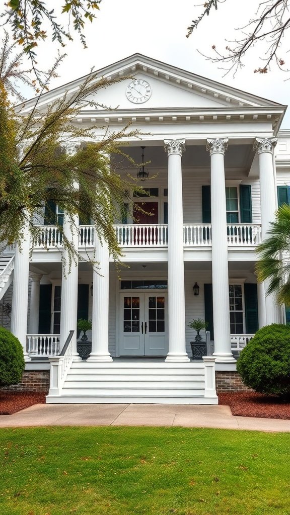 A traditional Southern plantation home with white exterior, grand columns, and green landscaping.