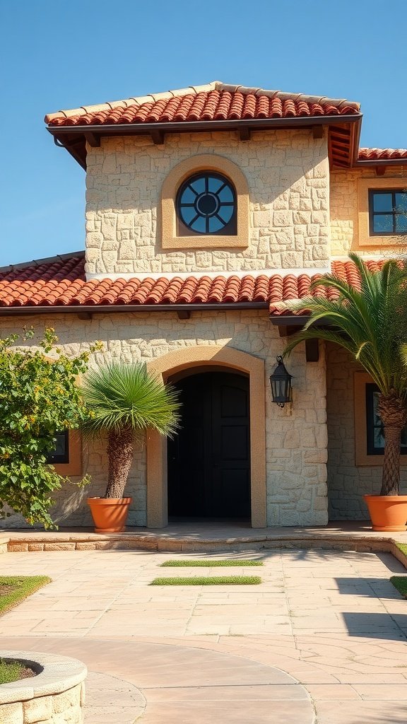 A Traditional Spanish Colonial home featuring a stone exterior, red tile roof, and palm trees.
