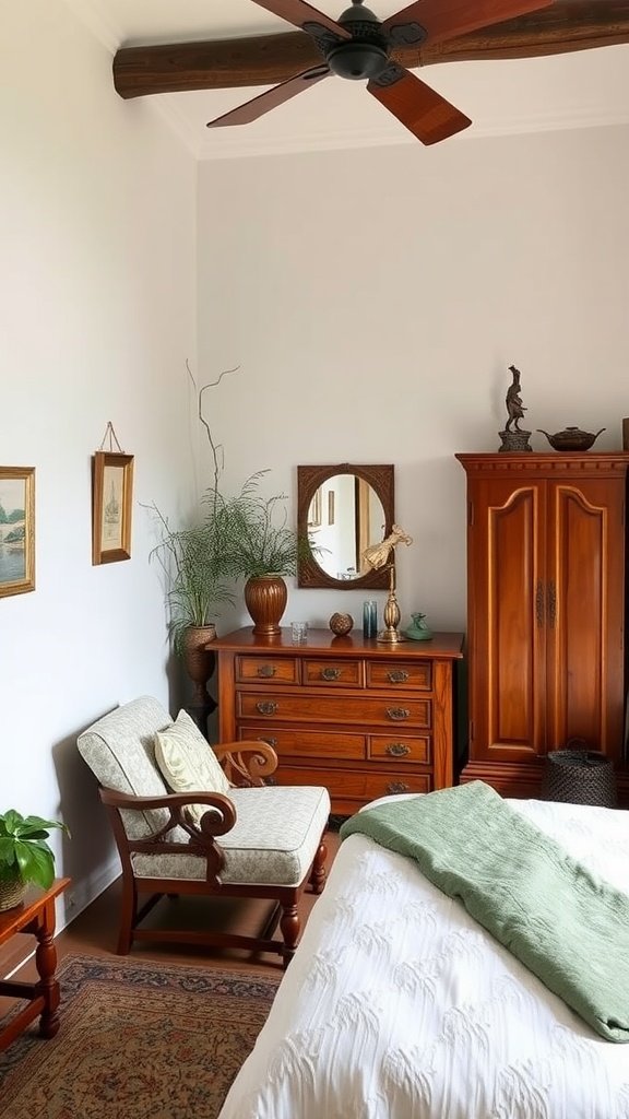A cozy bedroom featuring traditional Spanish furniture, including a wooden dresser, armoire, and a comfortable chair.