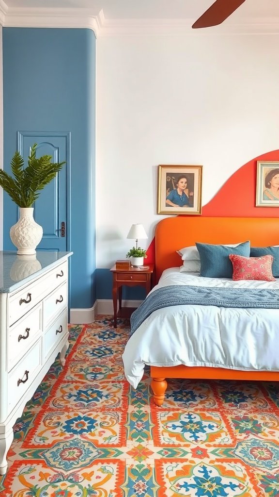 Cozy bedroom featuring traditional Spanish tiles with vibrant colors and intricate designs.