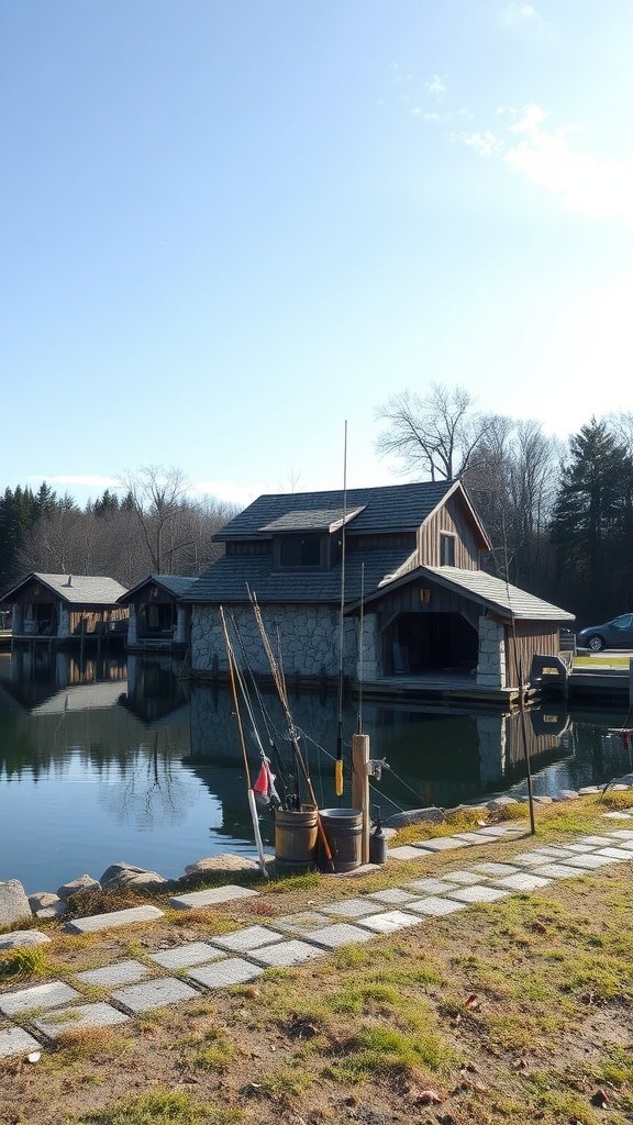 A traditional stone fishing lodge by the water, featuring fishing rods and a peaceful outdoor setting.